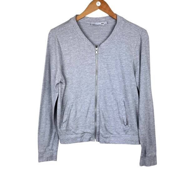 Lager 157 Gray Knit Collarless Full Zip Up Thin Simple Basic Bomber Jacket - Picture 9 of 12